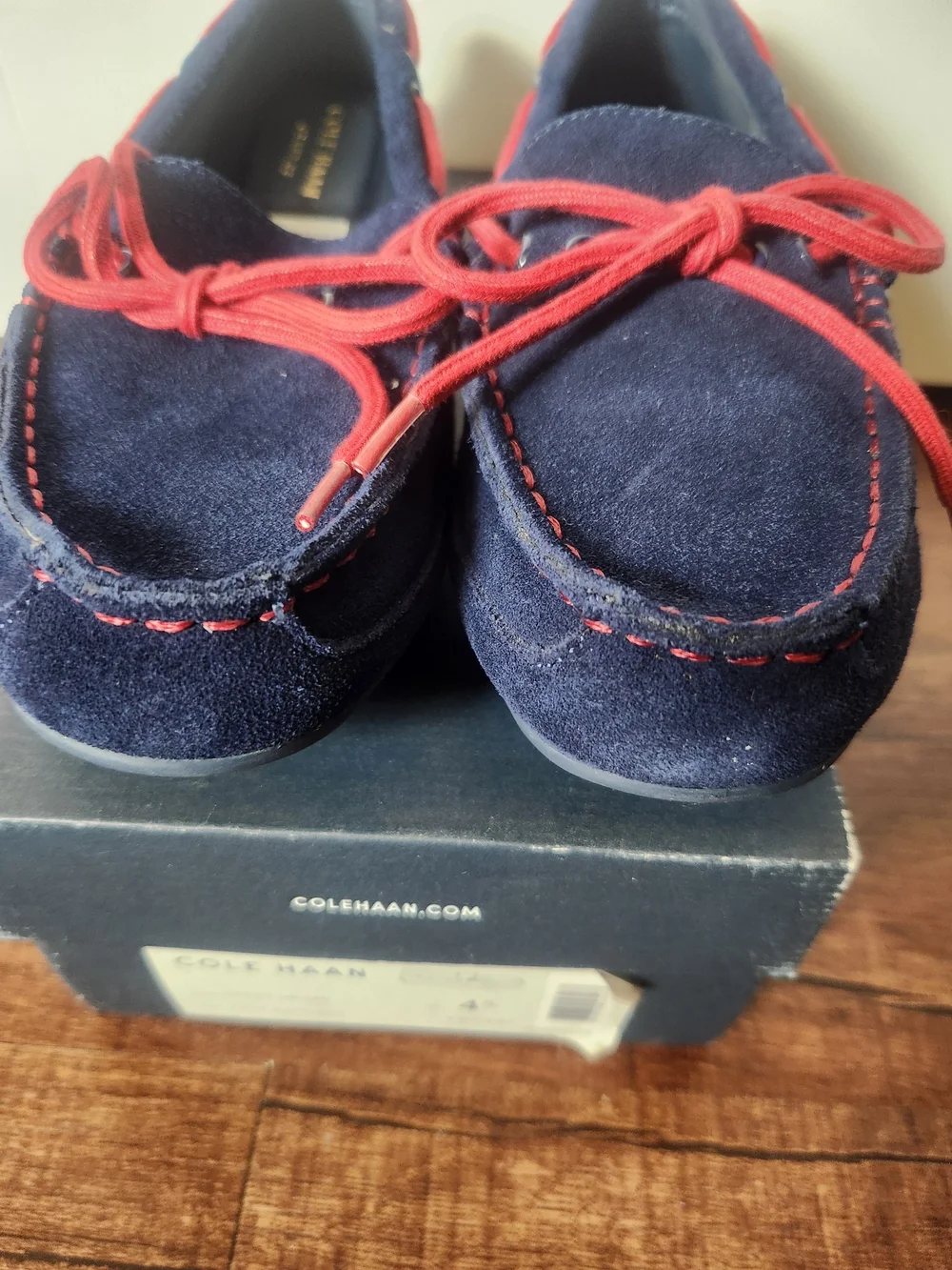 Cole Haan Navy Suede Moccasin Loafers with Red Laces